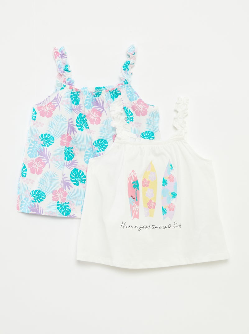 Top estampado com alças com folhos BRANCO - Kiabi