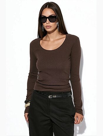 Top feminino canelado de manga comprida, corte slim busem