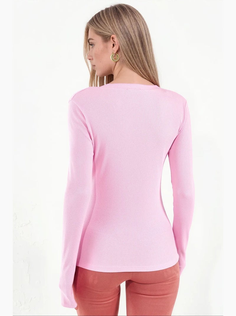 Top feminino canelado de manga comprida, corte slim busem Rosa-claro - Kiabi