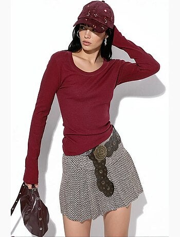 Top feminino canelado de manga comprida, corte slim busem