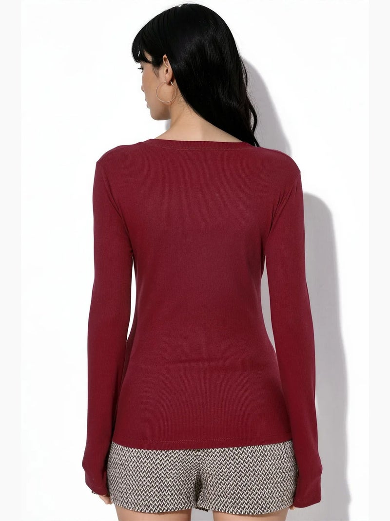 Top feminino canelado de manga comprida, corte slim busem Vermelho bordô - Kiabi