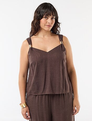 Top fluido em linho misto com detalhes dourados