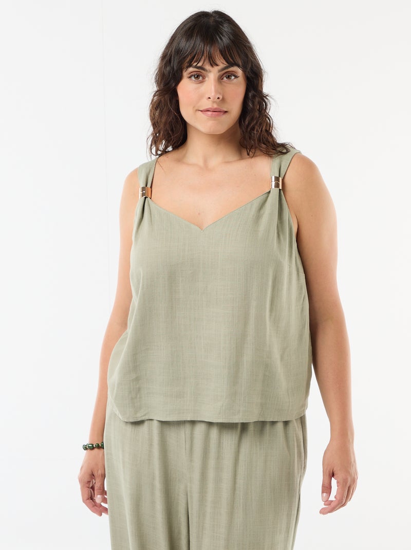Top fluido em linho misto com detalhes dourados Verde - Kiabi