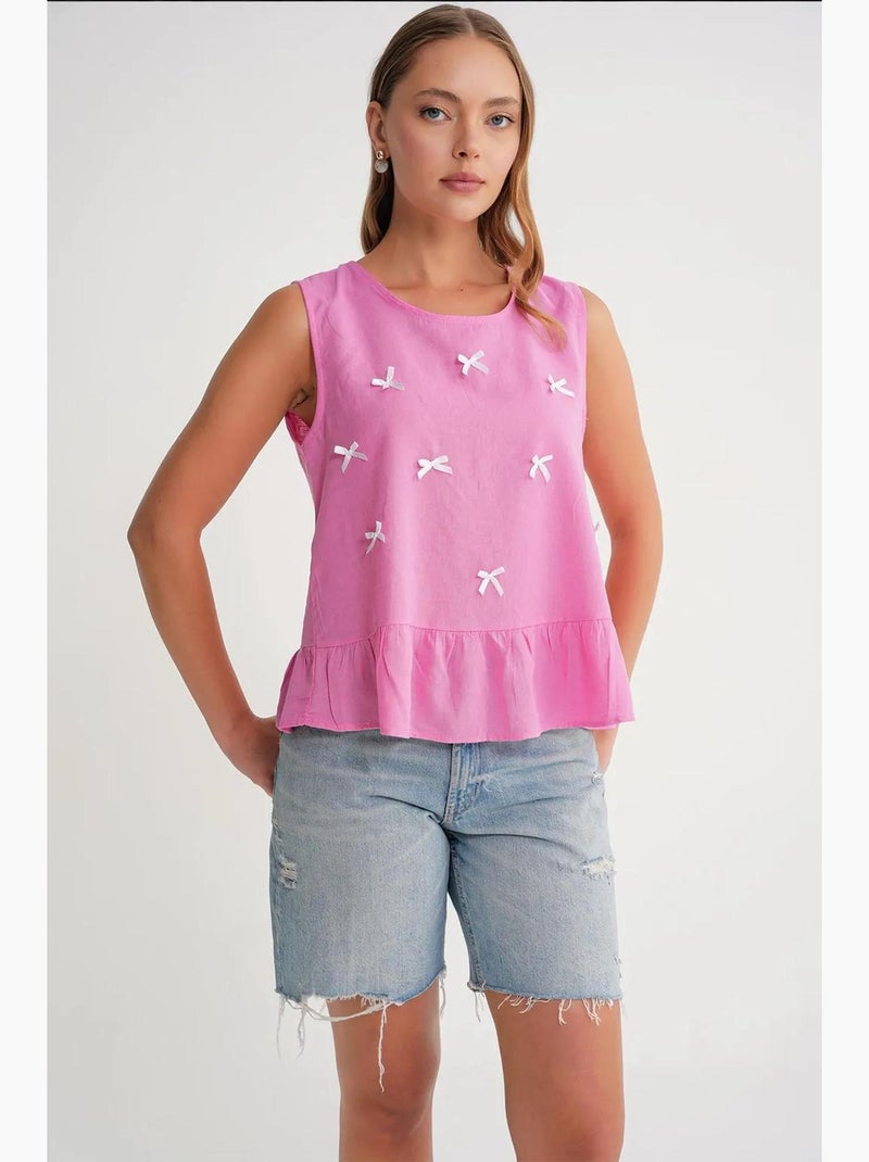 Top gola redonda detalhe laço mixray Rosa - Kiabi