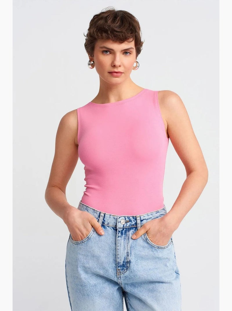 Top justo com decote barco dilvin Rosa-fluo/Solinotes - Kiabi