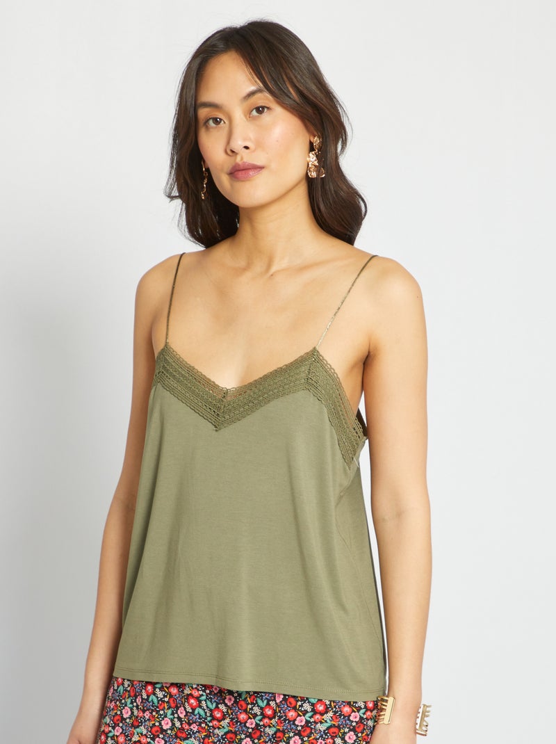 Top liso com renda Verde Lichene - Kiabi