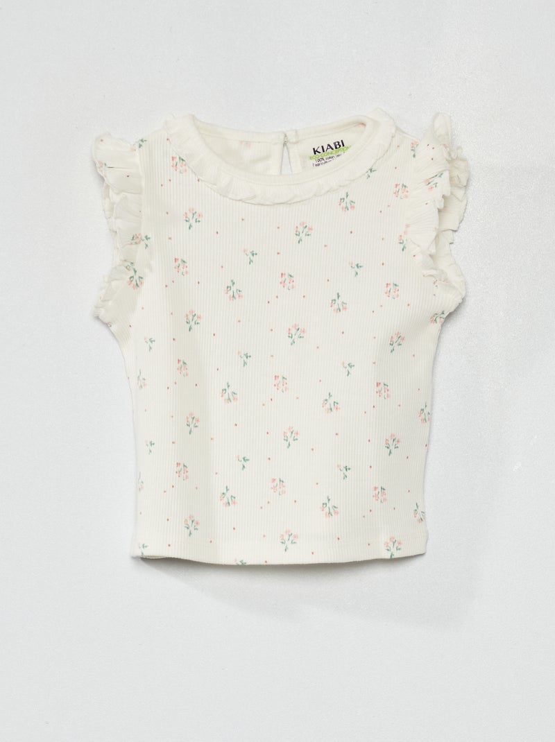 Top nervurado com ombros com folhos BRANCO - Kiabi
