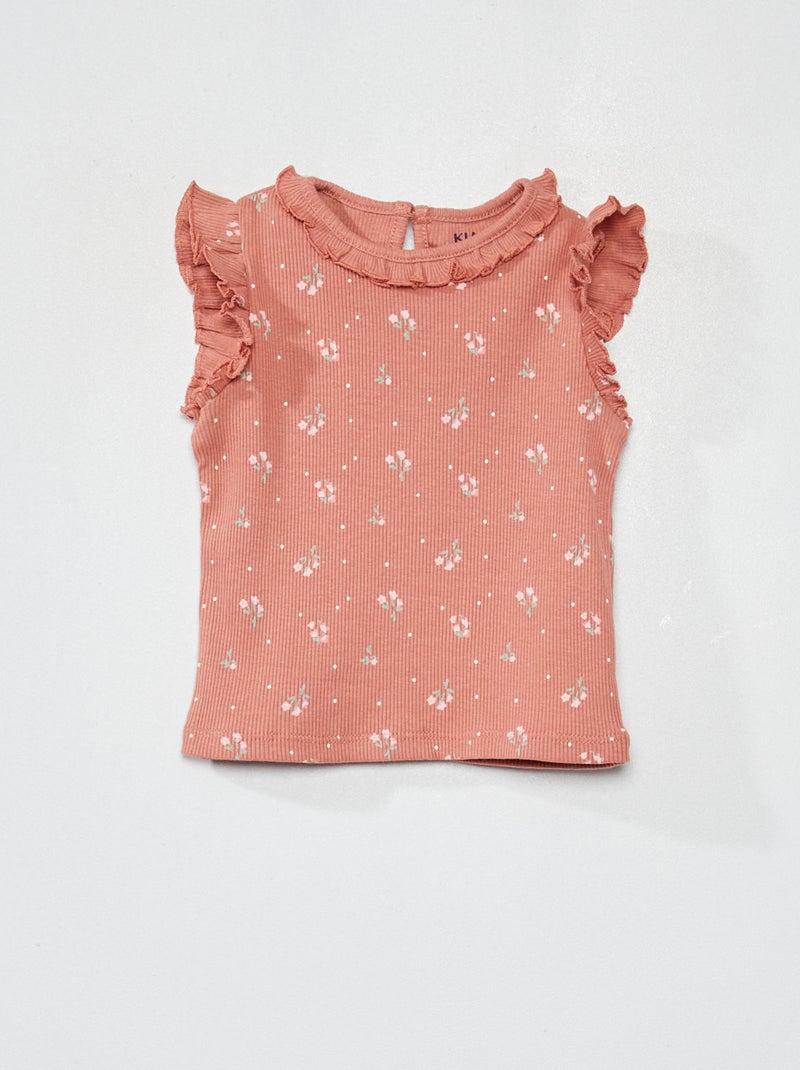 Top nervurado com ombros com folhos ROSA - Kiabi