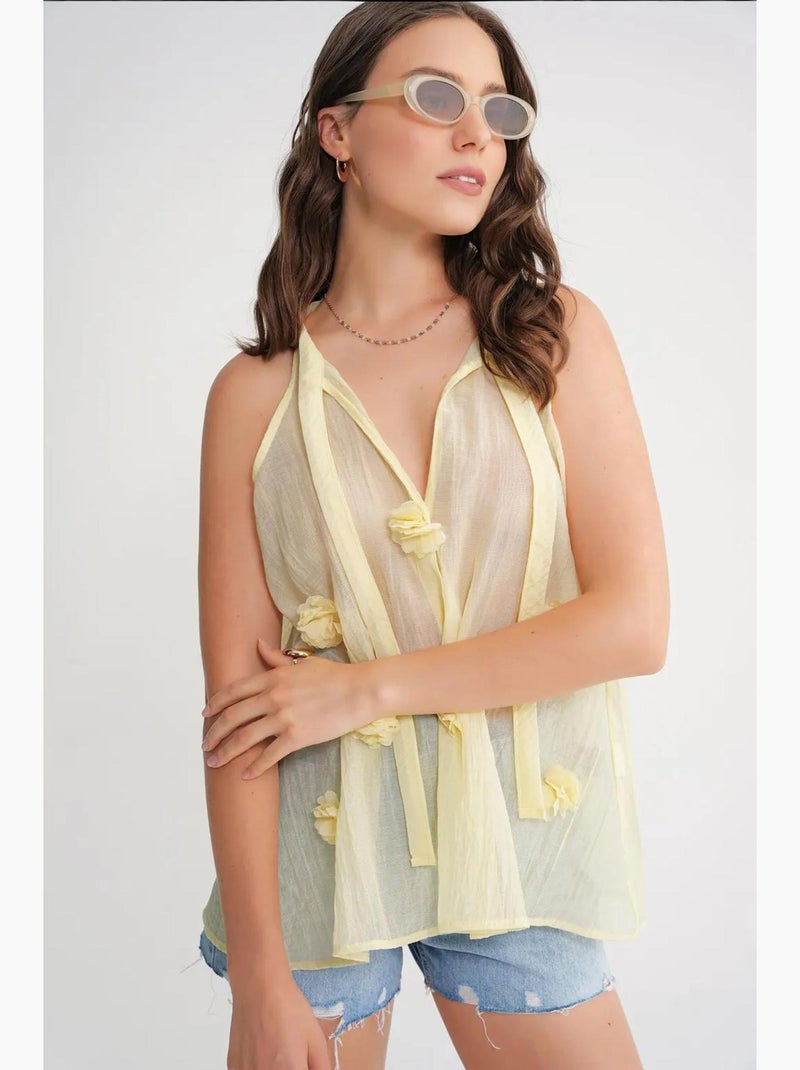 Top sem mangas decote v com laço e folhos mixray Amarelo-limão - Kiabi