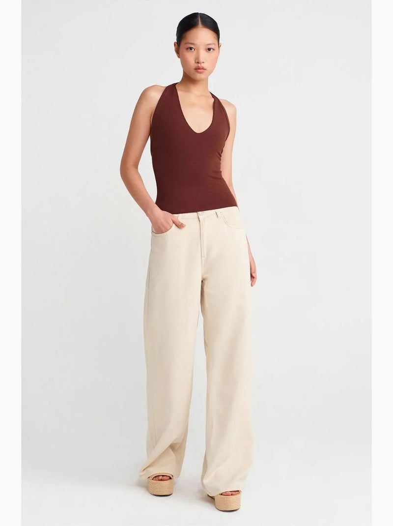 Top sem mangas gola halter com recortes em malha dilvin Castanho - Kiabi