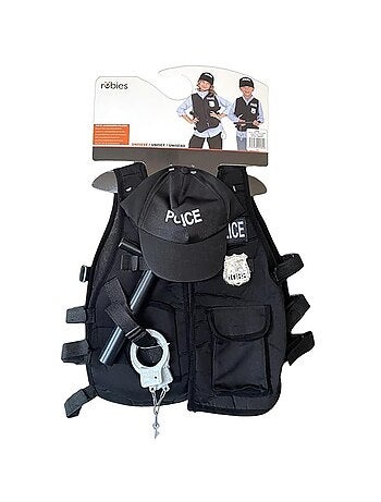 Traje ou equipamento policial: colete, boné, cassetete, algemas.