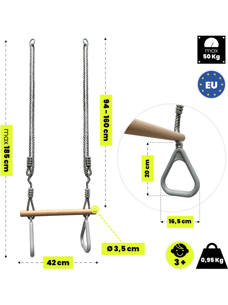 Trapézio de ginástica infantil com argolas e barra de madeira hypermotion Cinza - Kiabi