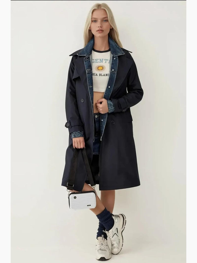 Trench coat comprido com cinto e manga comprida bdart Azul-marinho - Kiabi
