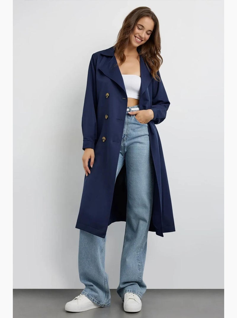 Trench coat comprido de trespasse duplo com cinto hiccup Azul-marinho - Kiabi