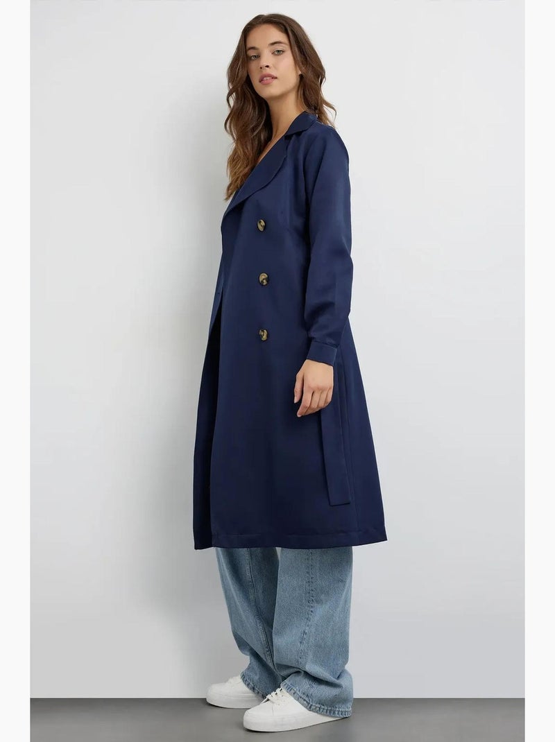 Trench coat comprido de trespasse duplo com cinto hiccup Azul-marinho - Kiabi