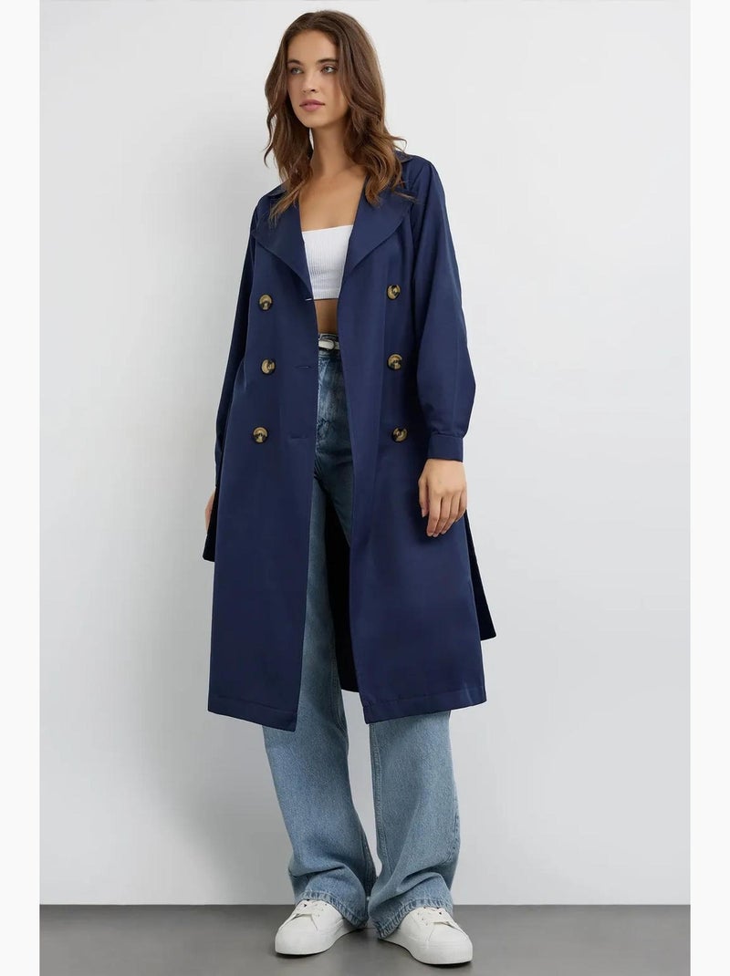 Trench coat comprido de trespasse duplo com cinto hiccup Azul-marinho - Kiabi