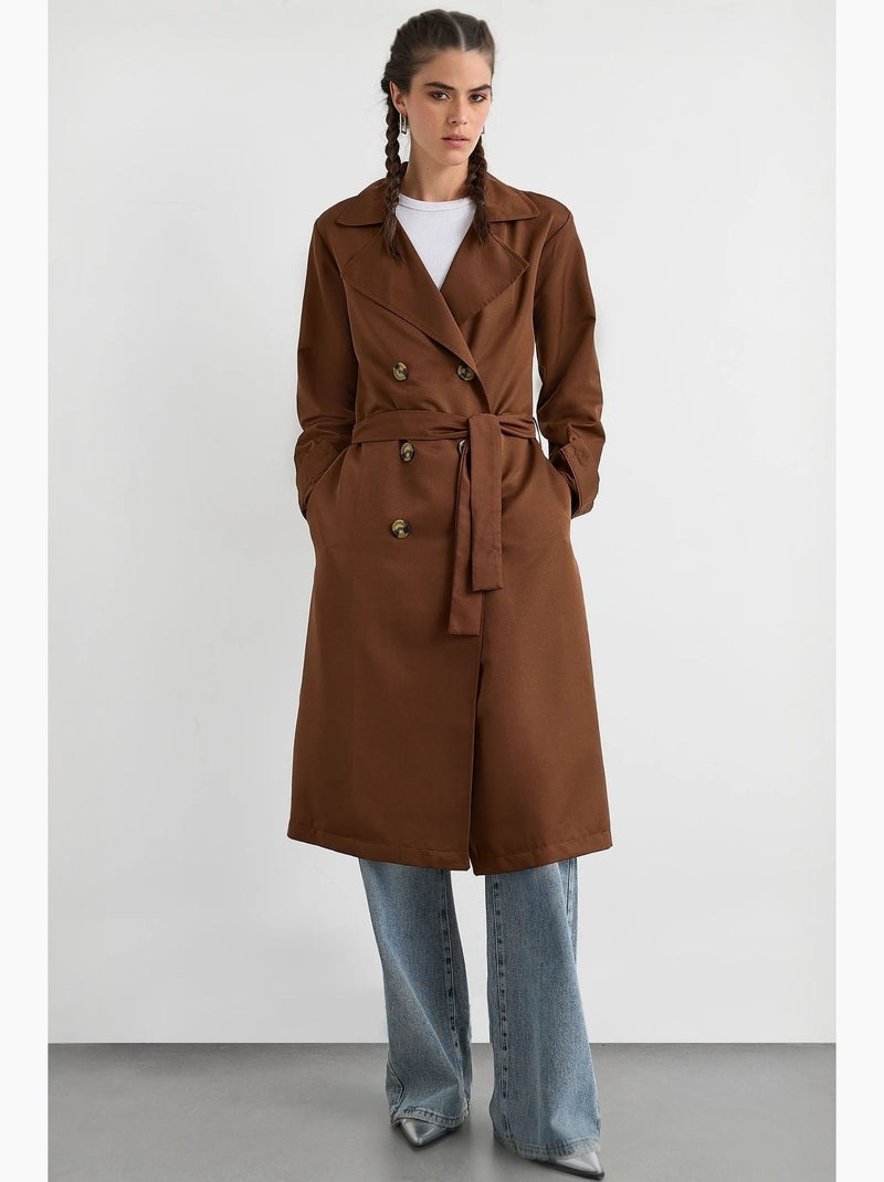Trench coat comprido de trespasse duplo com cinto hiccup Castanho - Kiabi