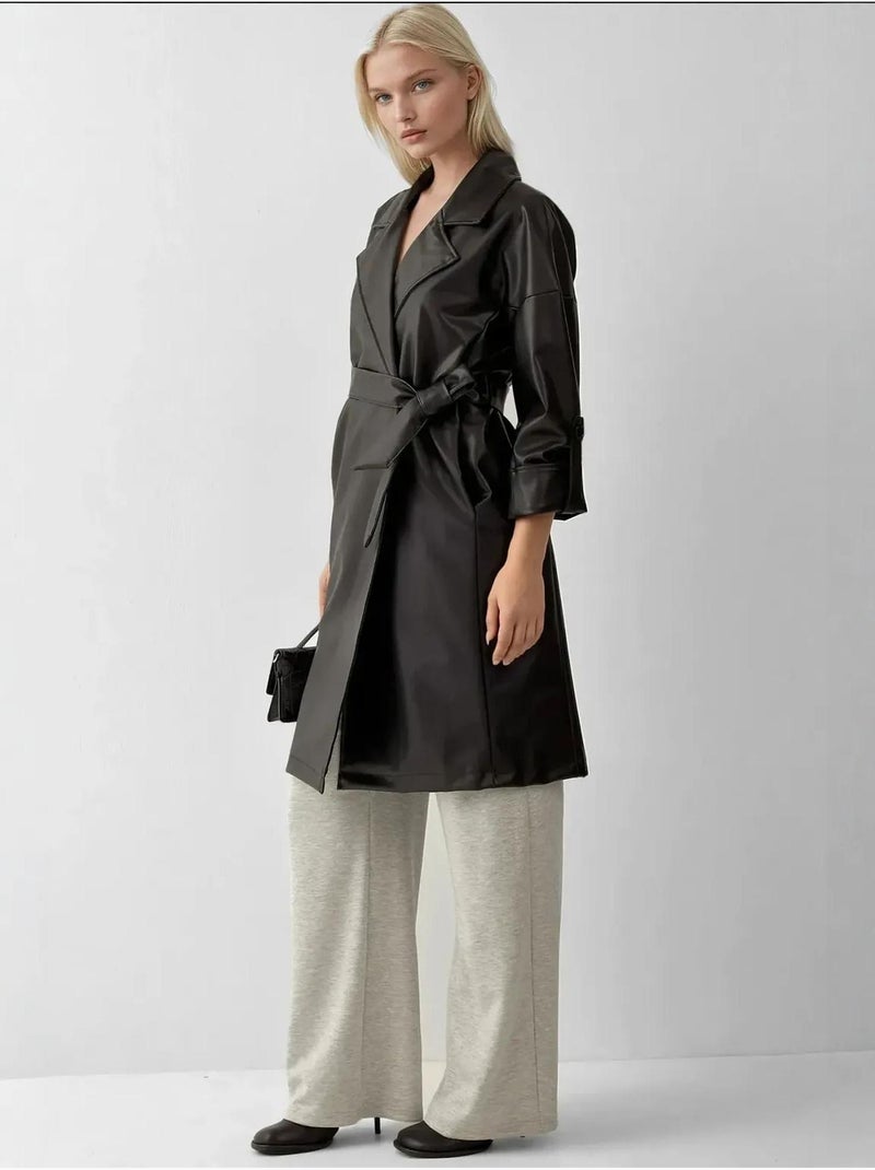 Trench coat em pele sintética com fecho de atar bdart Preto - Kiabi