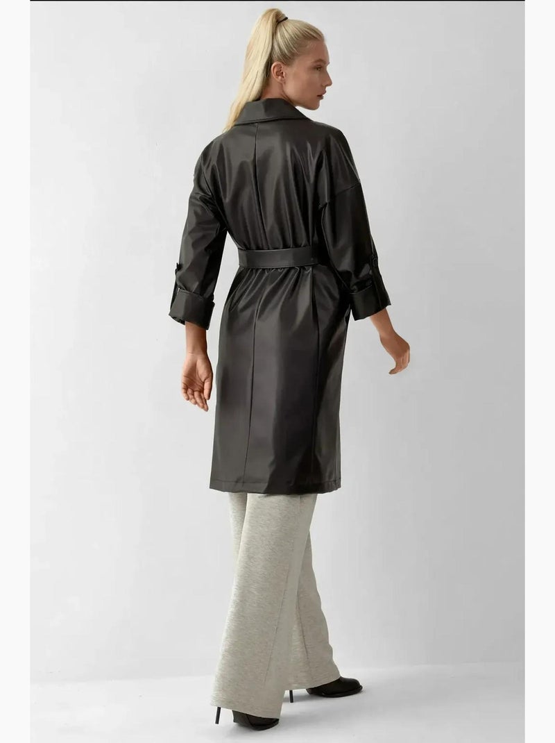 Trench coat em pele sintética com fecho de atar bdart Preto - Kiabi