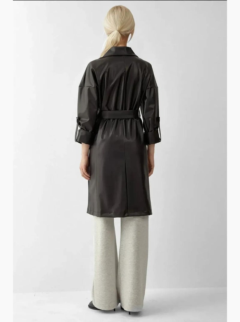 Trench coat em pele sintética com fecho de atar bdart Preto - Kiabi