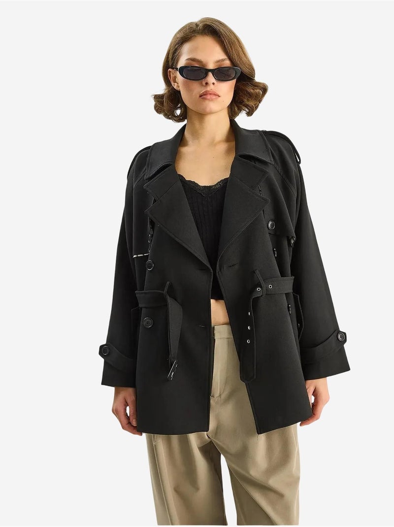Trench coat midi em mistura de algodão com fecho de botões lucci Preto - Kiabi