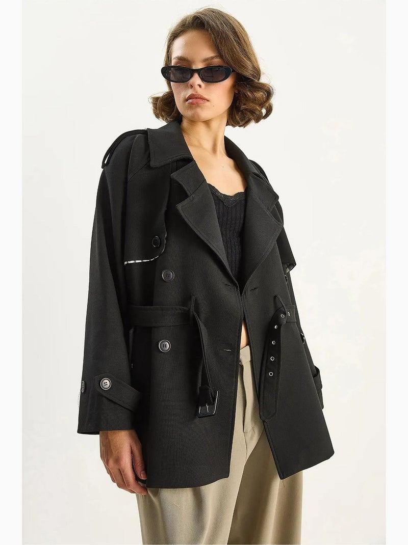 Trench coat midi em mistura de algodão com fecho de botões lucci Preto - Kiabi