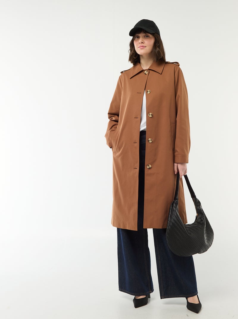 Trench midi com gola de camisa Castanho - Kiabi