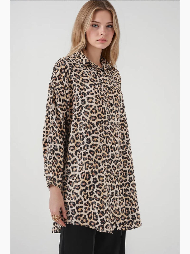 Túnica longa abotoada com estampa de leopardo bdart Bege-argila - Kiabi