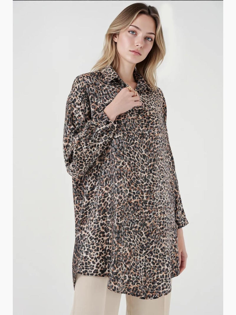 Túnica longa abotoada com estampa de leopardo bdart Castanho-escuro - Kiabi