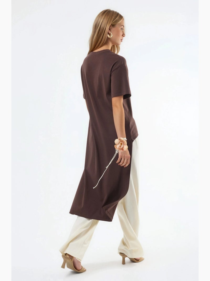 Túnica oversize com gola redonda e racha busem Castanho - Kiabi