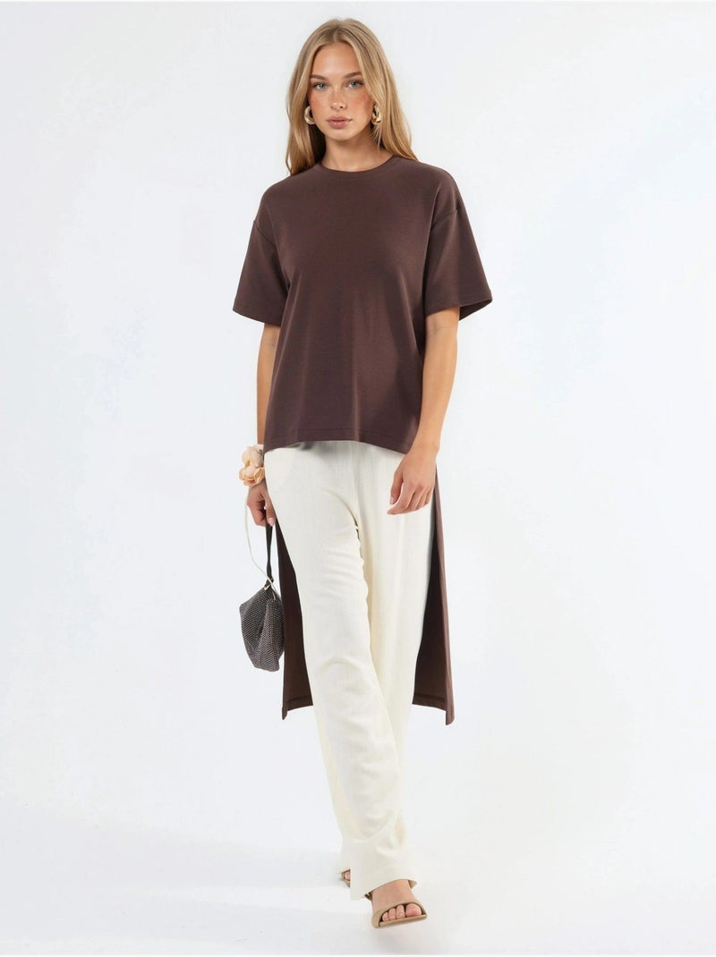 Túnica oversize com gola redonda e racha busem Castanho - Kiabi