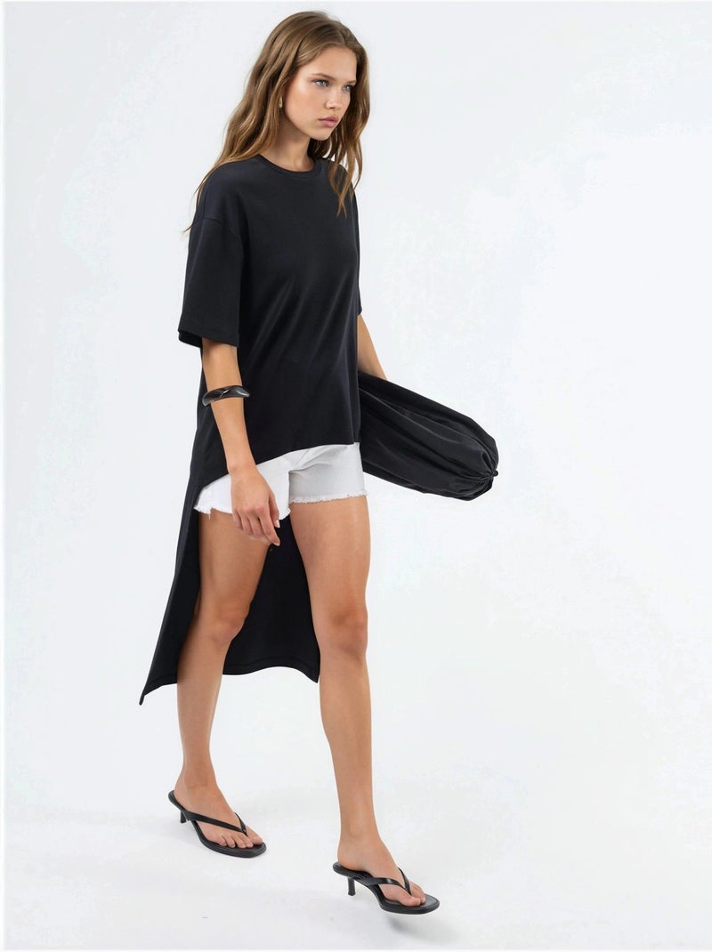 Túnica oversize com gola redonda e racha busem Preto - Kiabi