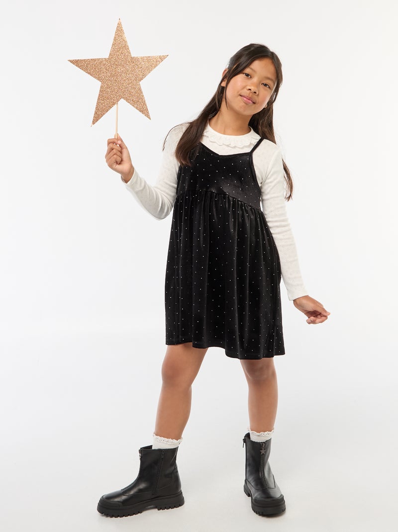 Vestido 2 em 1 em veludo com strass Preto - Kiabi