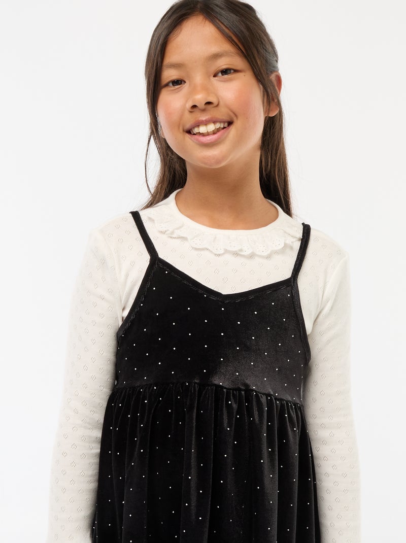 Vestido 2 em 1 em veludo com strass Preto - Kiabi