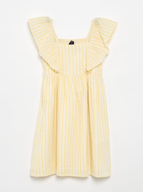 Vestido às riscas amarelas e mangas com folhos - Kiabi