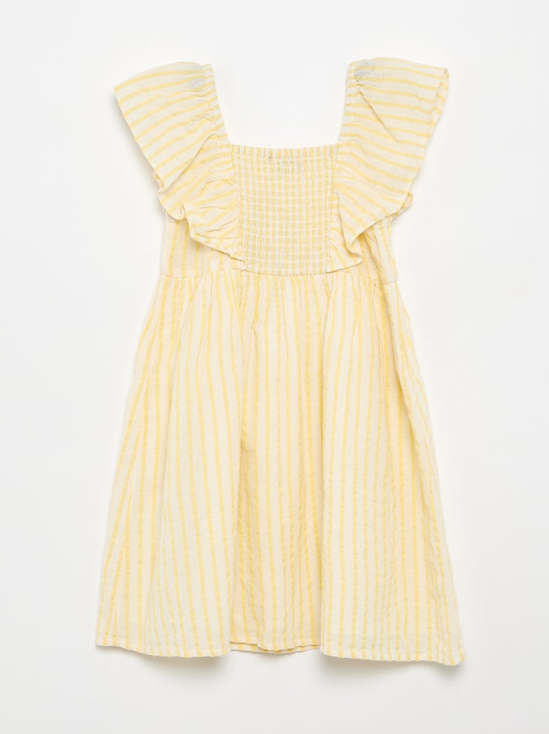 Vestido às riscas amarelas e mangas com folhos Amarelo - Kiabi