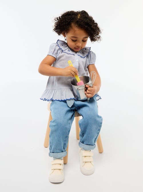 Vestido às riscas com mangas curtas e base com folho - Kiabi