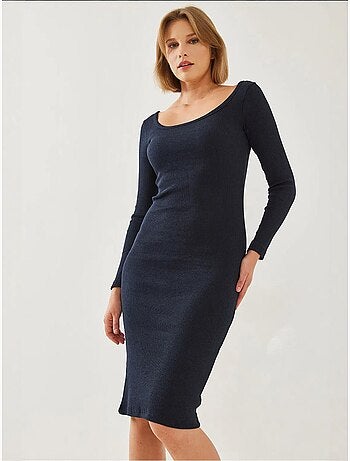 Vestido básico canelado com decote quadrado e manga comprida lucci
