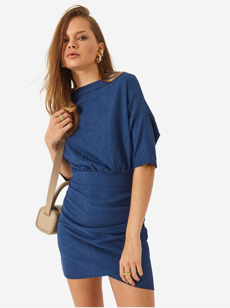 Vestido básico com cintura elástica, mangas morcego e saia sobrepeliz lucci Azul-marinho - Kiabi