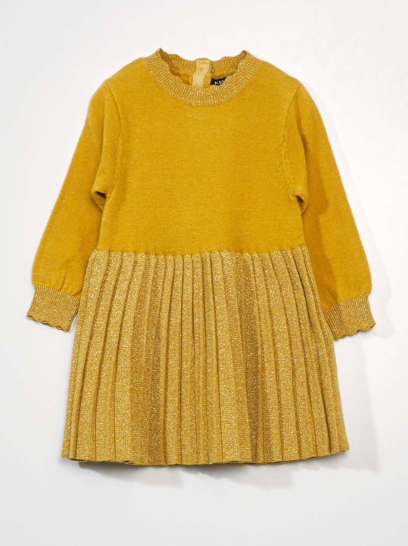 Vestido bi-matéria em malha de tricô e saia plissada AMARELO - Kiabi
