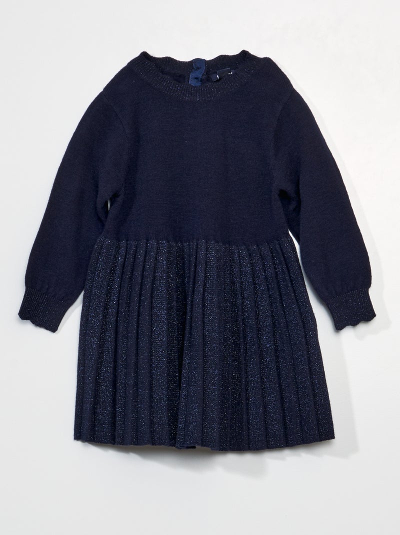 Vestido bi-matéria em malha de tricô e saia plissada AZUL - Kiabi