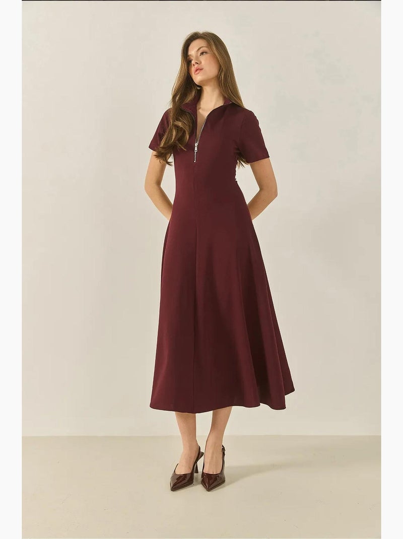 Vestido bianco evasé com fecho frontal, cintura ajustada, manga curta lucci Vermelho bordô - Kiabi