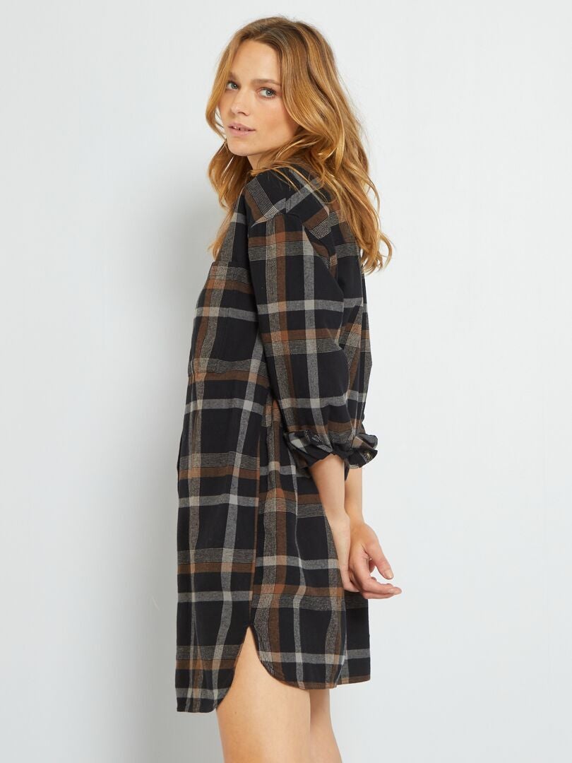 Vestido-camisa aos 'quadrados' PRETO - Kiabi