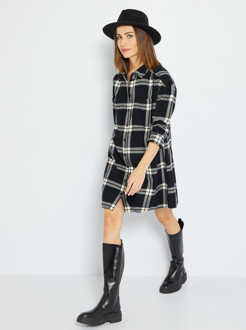 Vestido-camisa aos quadrados PRETO - Kiabi