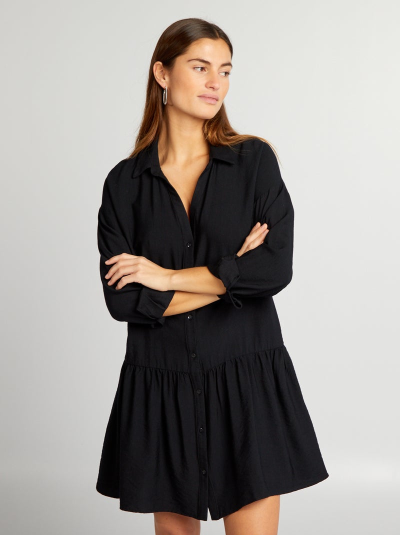 Vestido-camisa com folhos Preto - Kiabi