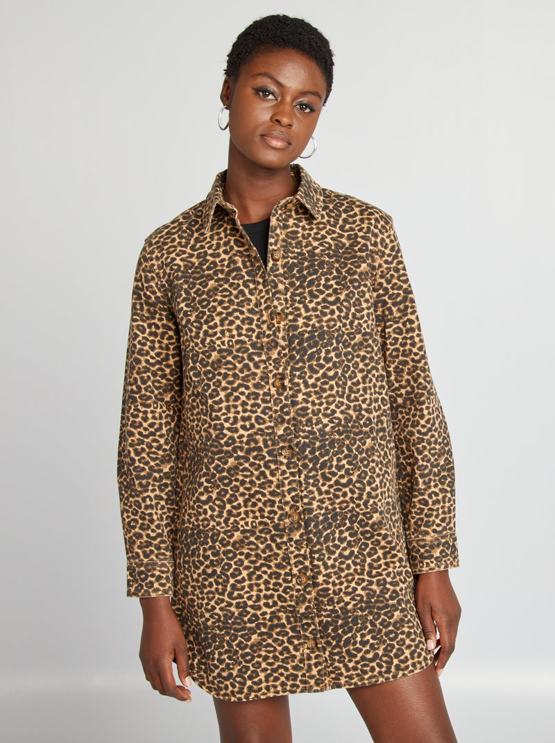 Vestido-camisa com motivo leopardo BEGE - Kiabi