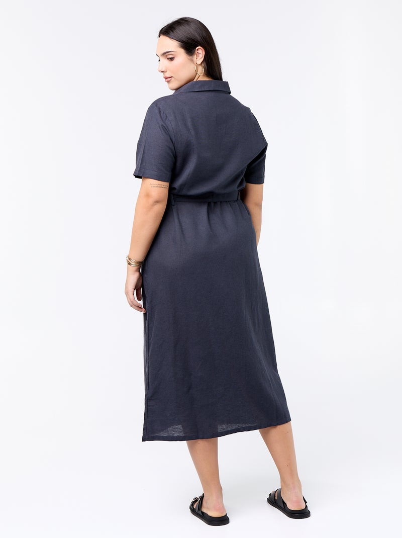 Vestido-camisa comprido com cinto de atar Azul - Kiabi