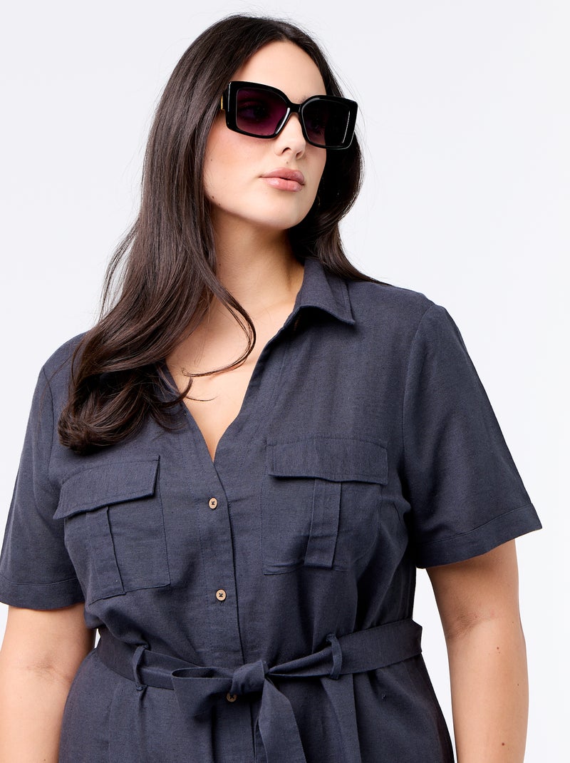 Vestido-camisa comprido com cinto de atar Azul - Kiabi