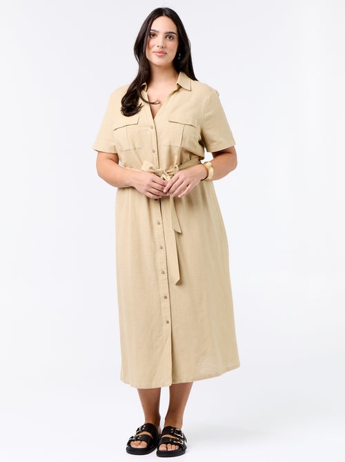 Vestido-camisa comprido com cinto de atar - Kiabi