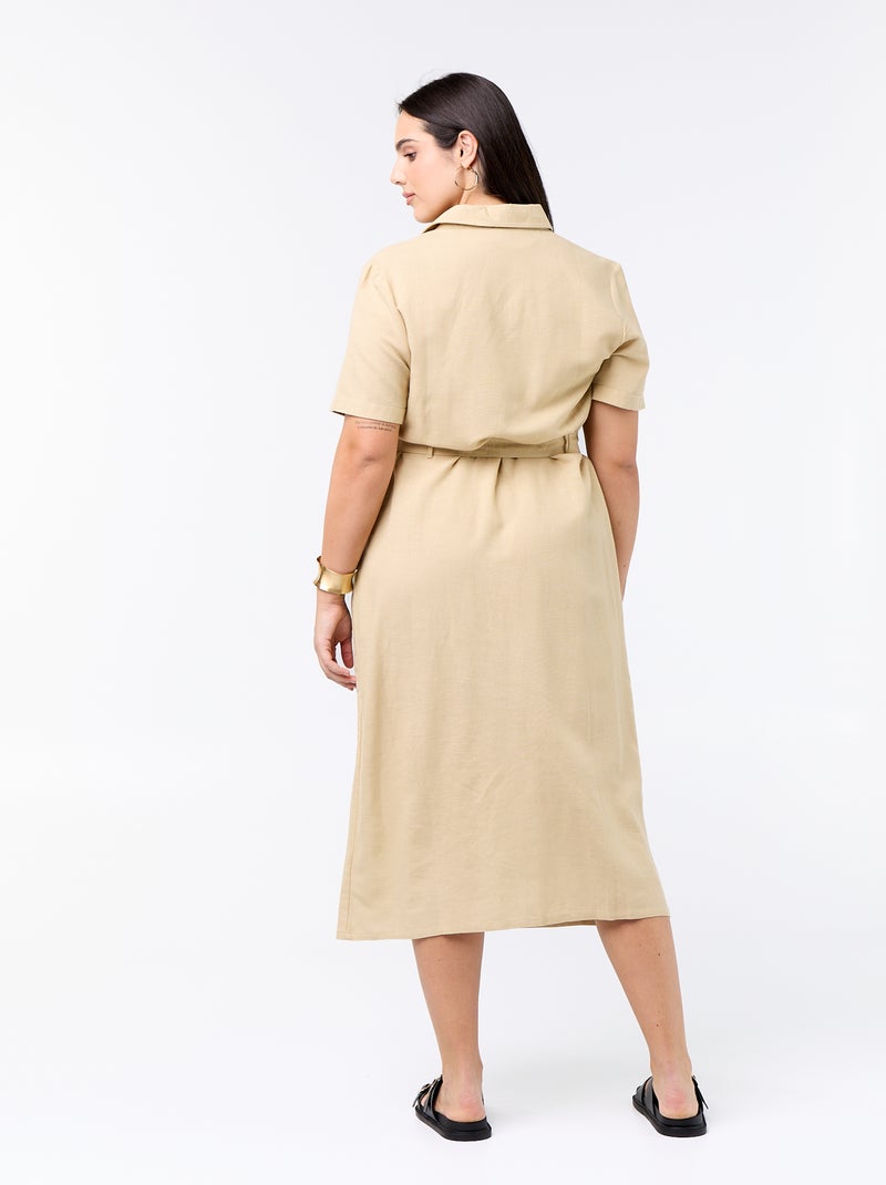 Vestido-camisa comprido com cinto de atar Bege - Kiabi